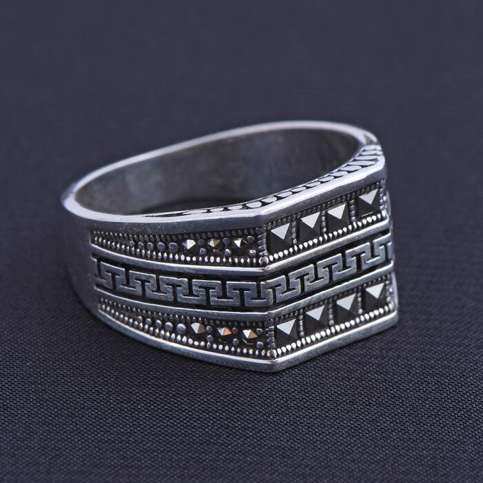 Nusnus Taşlı Zikzak Desenli 925 Ayar Gümüş Erkek Yüzük - 3