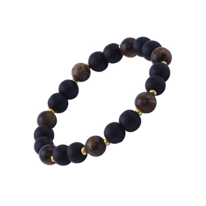 Yellow Metal Bracelet with Onyx and Tigreous Stone
