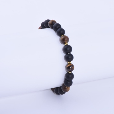 Yellow Metal Bracelet with Onyx and Tigreous Stone - Thumbnail