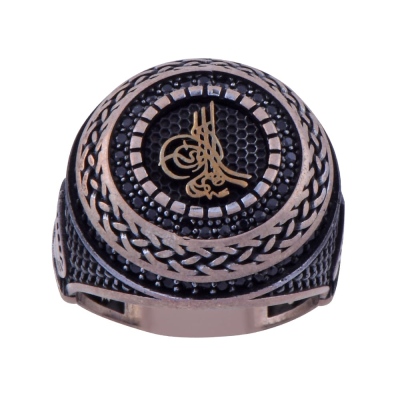 Osmanlı Tuğralı Mikro Taşlı 925 Ayar Gümüş Yüzük - Thumbnail