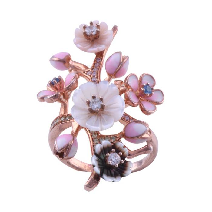 Pink and Black Floral Silver Ring 8.4 Gr - 1