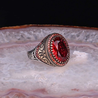 nusnus - Red Aqua Stone 925 Sterling Silver Ring
