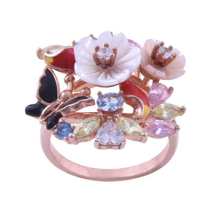 Rose Gold Silver Ring with Colourful Flowers 7.3 Gr