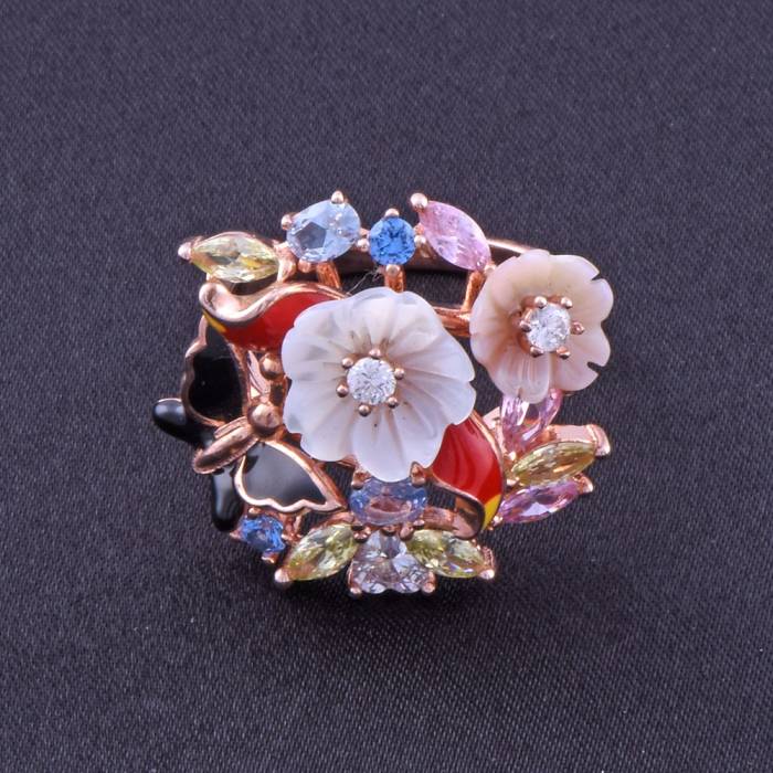 Rose Gold Silver Ring with Colourful Flowers 7.3 Gr