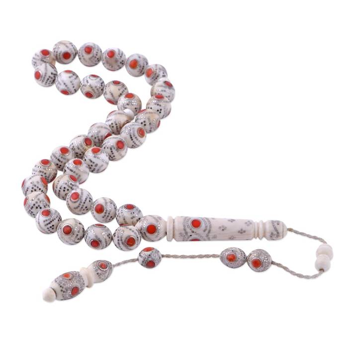 Ruby and Silver Embroidered Sphere Cut Ivory Rosary 35 Gr