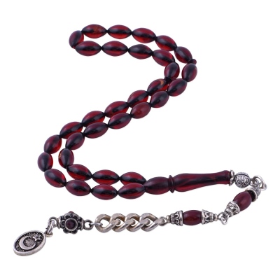 Sıkma Kehribar Kırmızı Arpa Kesim Tesbih Ay Yıldız Püsküllü ELT 19 - nusnus