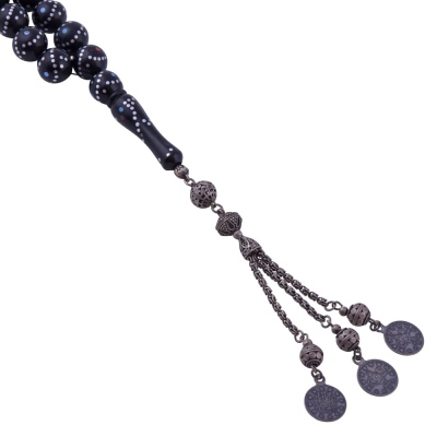 Silver Embroidered Globe Cut Red-Blue Dotted Ebony Wood Rosary - Thumbnail