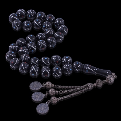 Silver Embroidered Globe Cut Red-Blue Dotted Ebony Wood Rosary - Thumbnail