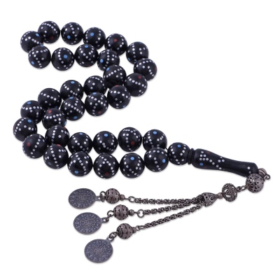 nusnus - Silver Embroidered Globe Cut Red-Blue Dotted Ebony Wood Rosary