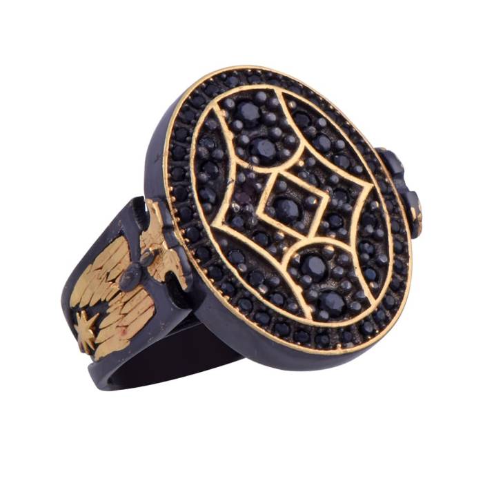 Black Zircon Stone Double Headed Eagle Model Men's Silver Ring 16.1 gr