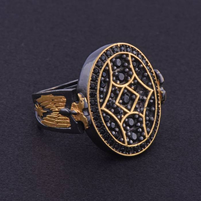 Black Zircon Stone Double Headed Eagle Model Men's Silver Ring 16.1 gr