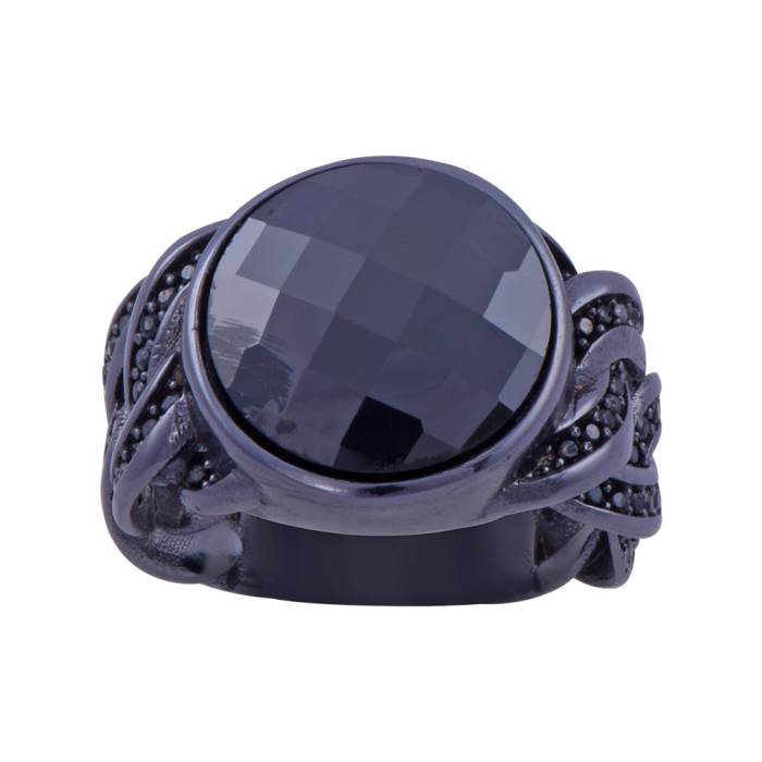 Black Zircon Stone Straw Model Men's Silver Ring 15.4 gr