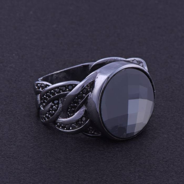 Black Zircon Stone Straw Model Men's Silver Ring 15.4 gr