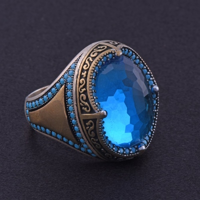 925 Sterling Silver Ring with Turquoise Facet Stone - Thumbnail